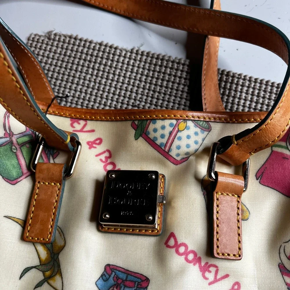 Dooney & Bourke Beach Print Coated Canvas Shoulder Bag Cream Tan Leather Trim